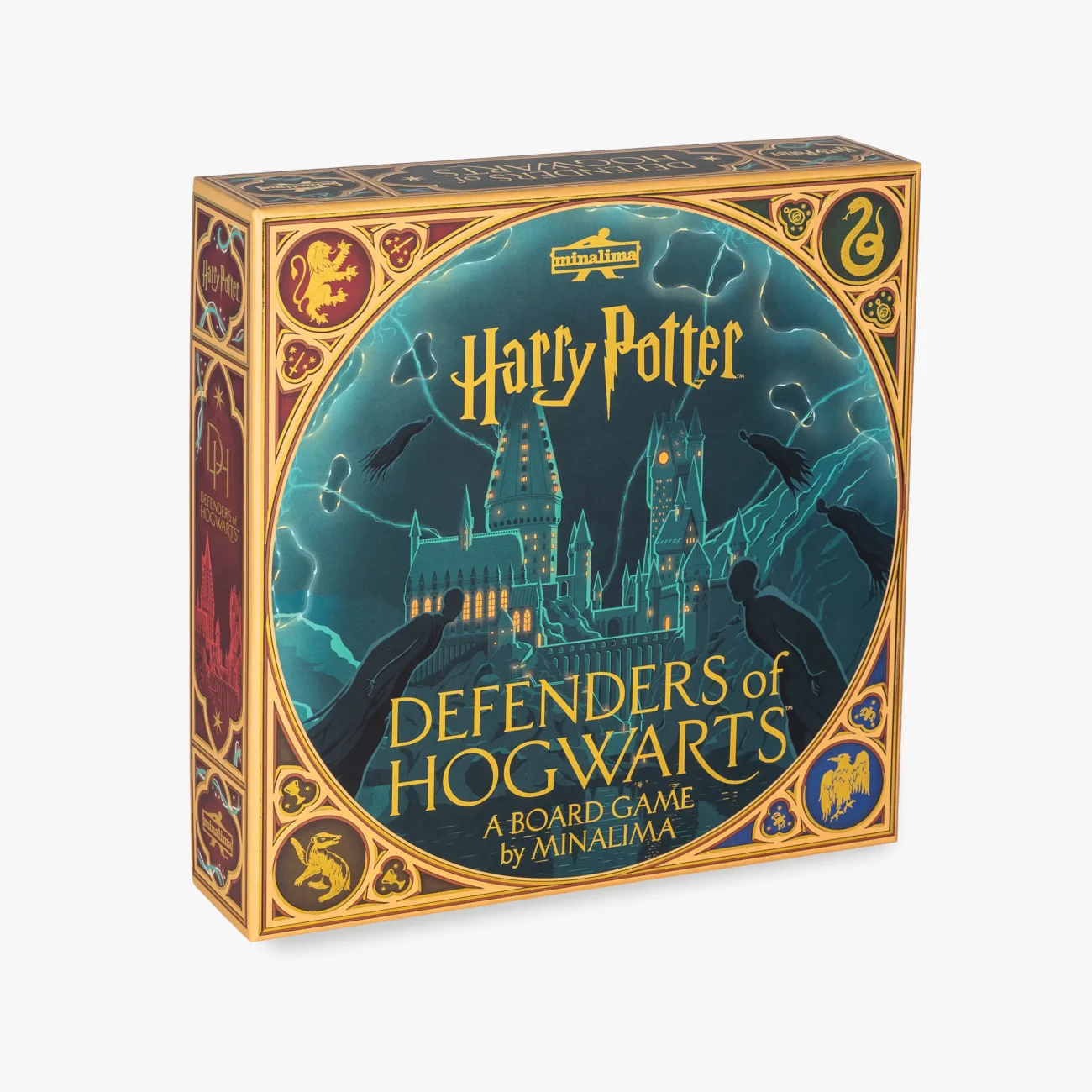 Official MinaLima product image of the Harry Potter Defenders of Hogwarts board game box, with gold borders and Hogwarts castle artwork